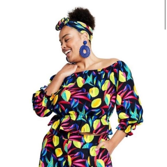 Tabitha Brown for Target NWT 1X Bardot Off the Shoulder Top Lemon Print - Picture 2 of 11